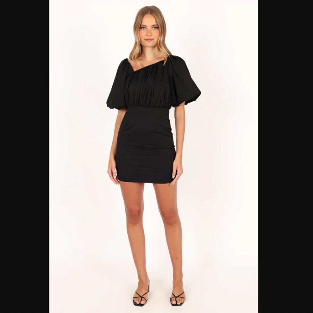 Petal & Pup Cabello Black One Shoulder Puff Slevee Mini Dress S - Picture 8 of 13